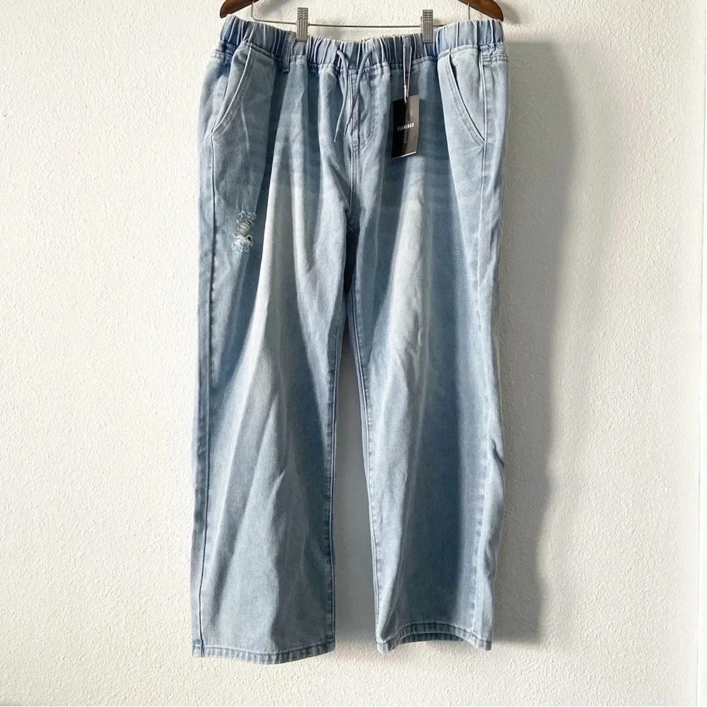 Drawstring High Waist Distress Jeans Fade Pants Pull On 2XL (14/16) Trendy NWT - Picture 2 of 14